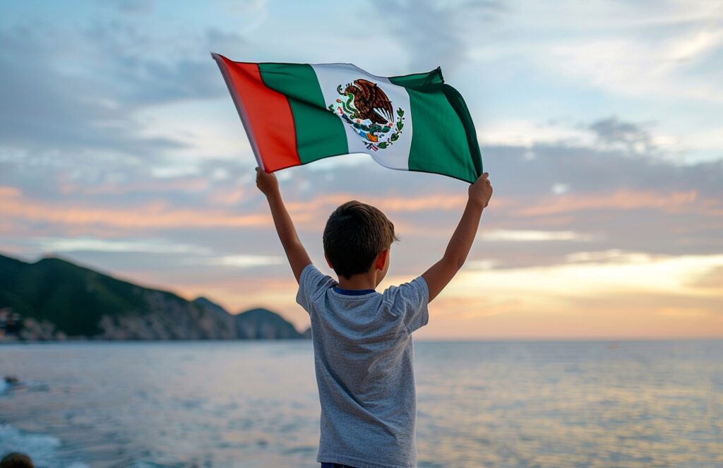 Niño sosteniendo bandera de México en el mar 16 de septiembre, día de la independencia de México