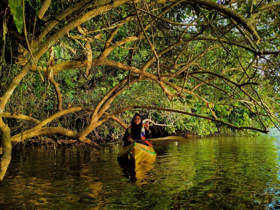 Joven mujer en Paseo en Kayak entre los manglares
