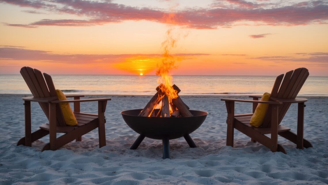 Un entorno de playa sereno con sillas alrededor de una acogedora fogata al atarder una invitación al descanso y la contemplacion