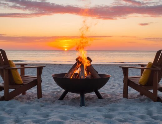 Un entorno de playa sereno con sillas alrededor de una acogedora fogata al atarder una invitación al descanso y la contemplacion