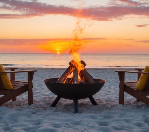 Un entorno de playa sereno con sillas alrededor de una acogedora fogata al atarder una invitación al descanso y la contemplacion