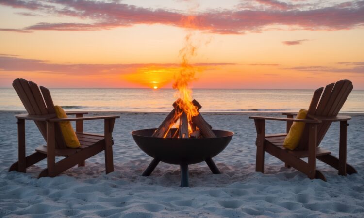 Un entorno de playa sereno con sillas alrededor de una acogedora fogata al atarder una invitación al descanso y la contemplacion